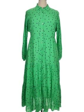 Green & black polka dot ruffled layers button-front long sleeve maxi dress